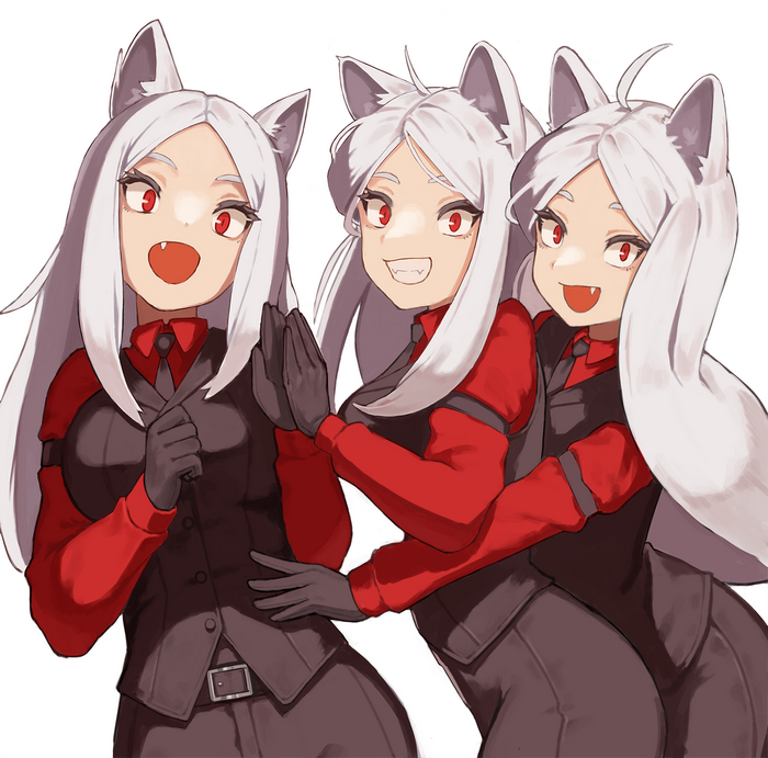 Helltaker, gray hair, anime girls, Cerberus (Helltaker), red eyes, animal ears