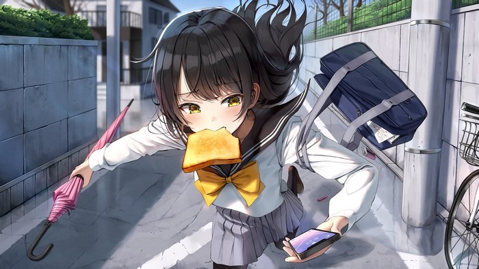 yellow eyes, dark hair, umbrella, artwork, school uniform, superpig (wlstjqdla), anime girls, bangs, eating, smartphone, running