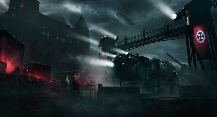 night, castle, digital art, train, train station, war
