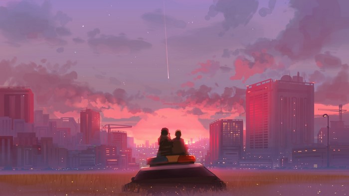 cityscape, city, artwork, sunset, shooting stars