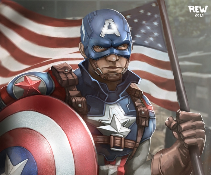 Captain America Holding American Flag