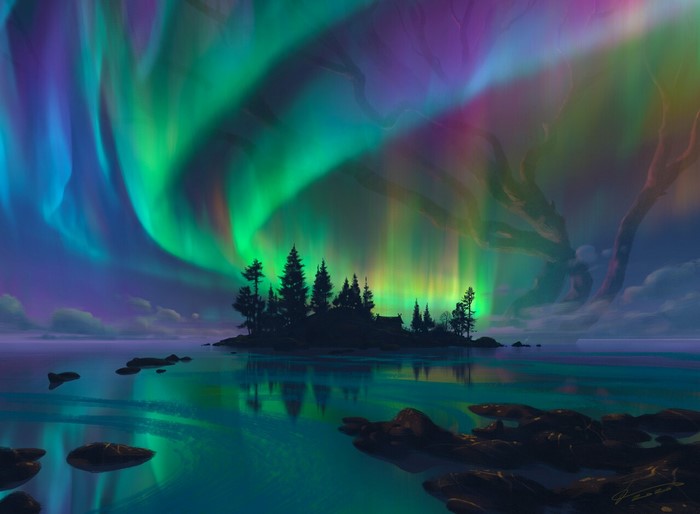 tentacles, island, aurorae, nature, landscape