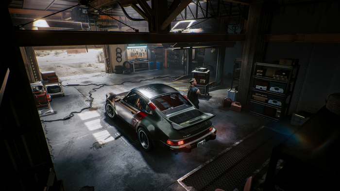 Porsche, workshop, futuristic, video game art, video games, car, cyberpunk, Jakub Przybolewski, Cyberpunk 2077, Johnny Silverhand, Porsche 911, Garage