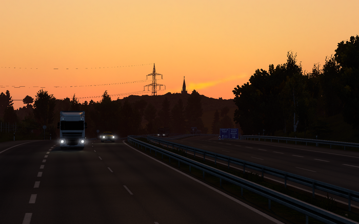 video games, ETS2, Europe, transport, highway, sunset