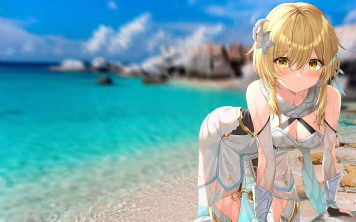 Lumine from Genshin Impact in School Uniform at the Beach