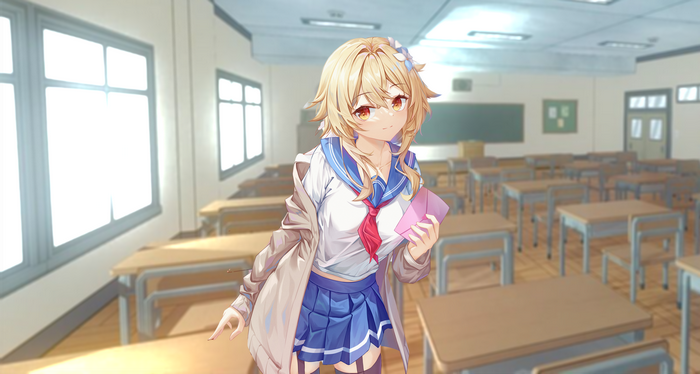 school uniform, Beach Sweetheart, wet clothing, Lumine (Genshin Impact), anime