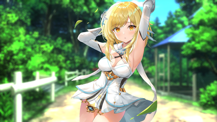 Beach Sweetheart, Lumine (Genshin Impact), anime, school uniform, wet clothing