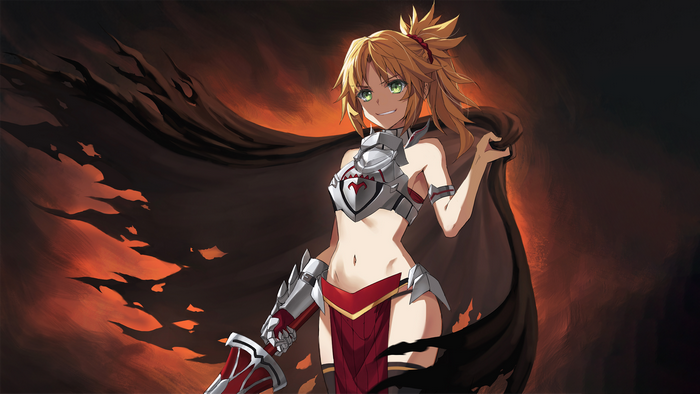 anime, cape, thigh-highs, Mordred (Fate/Apocrypha), Fate/Apocrypha, Fate Series, blonde, sword, thighs, knight, stockings, belly, Tonee, anime girls, black legwear, ponytail