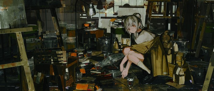 anime girls, looking at viewer, knee high socks, short hair, jacket, squatting, workshop, gramophone, teddy bears, Katann
