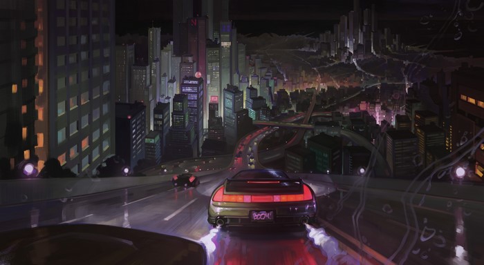 4K, cityscape, artwork, rear view, water on glass, Igor Artyomenko, rain, night, vehicle, Honda, car, Honda NSX, road, Honda NSX mk1