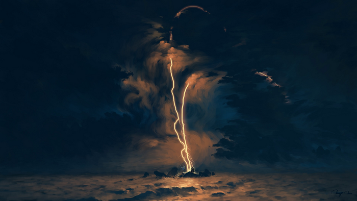 water, mermaids, clouds, digital painting, BisBiswas, fantasy art, sky, night