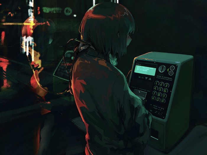city lights, anime girls, jacket, science fiction, night, anime, phone box, short hair, Suiso