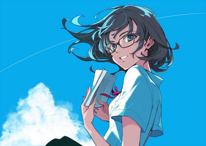 reading, blue eyes, artwork, glasses, wind, dark hair, smiling, anime girls, short hair, sky, clouds, anime, POKImari, looking at viewer, books