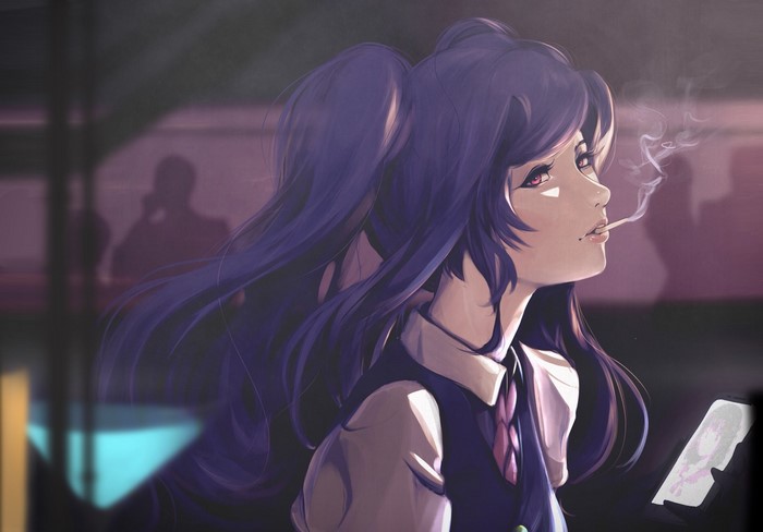 anime, smoking, purple hair, long hair, tie, red eyes, va-11 hall-a, shirt, anime girls, smartphone, Jill Stingray