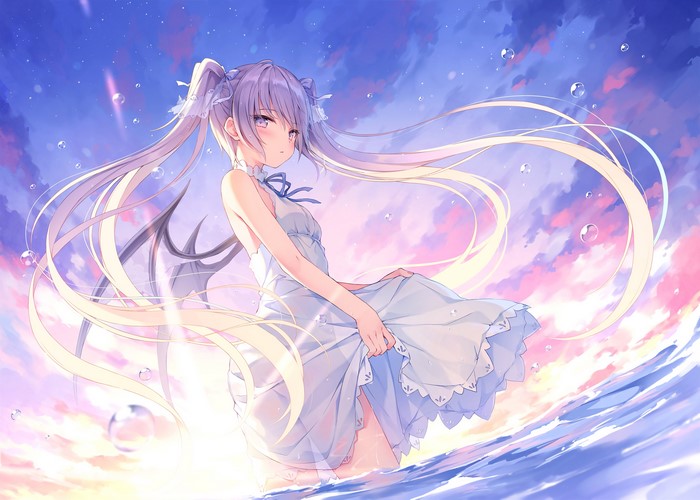4K, artwork, purple hair, dress, clouds, sky, wings, long hair, water, twintails, anime girls, sun dress, Rurudo, purple eyes
