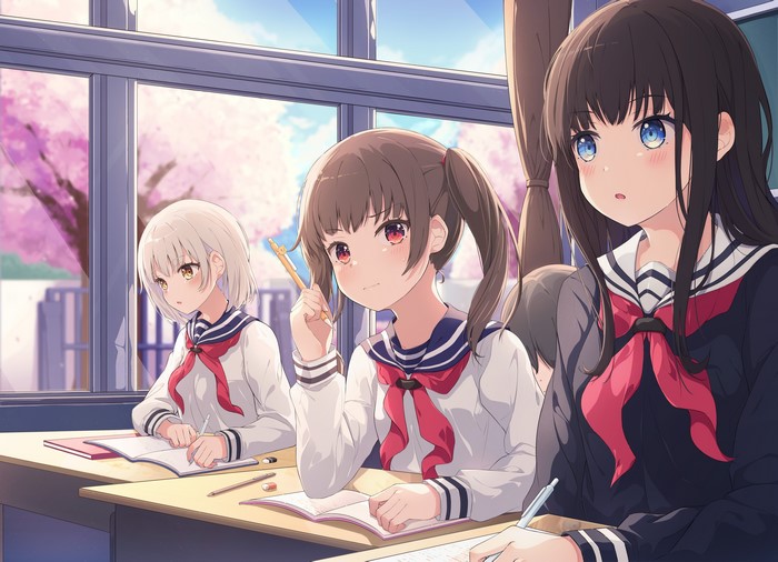 4K, red eyes, Keis, blue eyes, classroom, yellow eyes, window, studying, anime girls, blonde, school uniform, brunette, dark hair