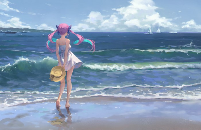 anime girls, beach, Minato Aqua, Virtual Youtuber, wind, sun dress, dress, Gawain, twintails, violet hair, hat, sea, Hololive, waves, ribbons, barefoot, boat
