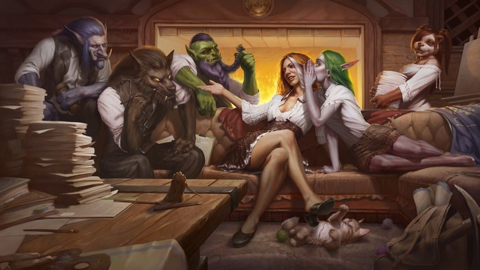 Jaina Proudmoore, fireplace, World of Warcraft, Werewolf, legs, night elves, cats, couch, Pandaren, Blizzard Entertainment, Orc, feet