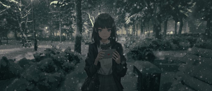 4K, bag, short hair, school uniform, snow, jacket, skirt, forest, eyes, night, bangs, winter, dark hair, anime girls, mail, dark eyes, Wang Xi, smile, artwork