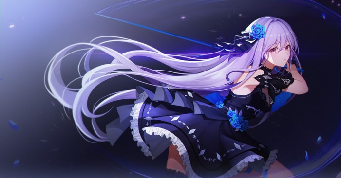 4K, sword, artwork, long hair, dress, anime girls, purple hair, flower dress, Nani (artist)