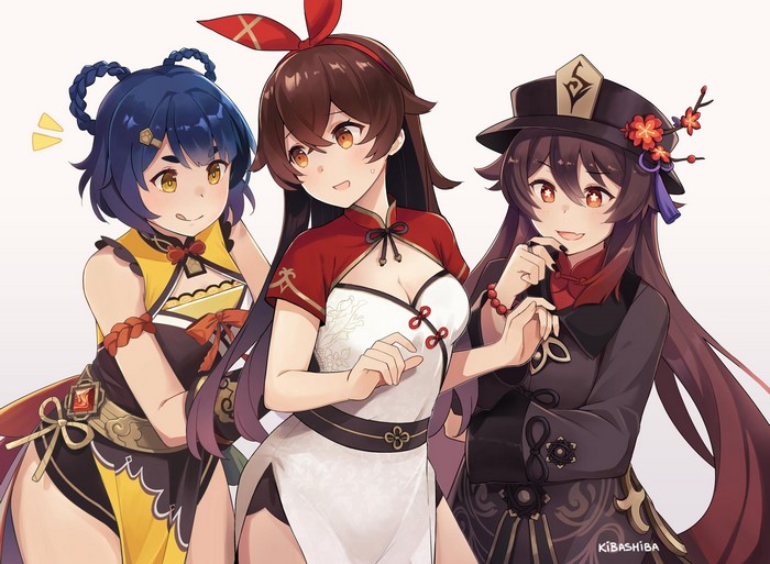Hu Tao (Genshin Impact), Chinese dress, anime girls, Xiangling (Genshin Impact), Genshin Impact, Amber (Genshin Impact), kibashiba