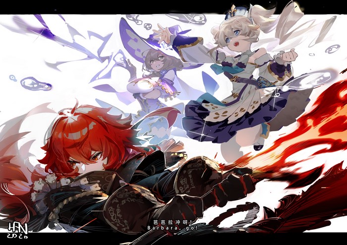 Genshin Impact, anime girls, Diluc (Genshin Impact), Lisa (Genshin Impact), barbara (genshin impact)
