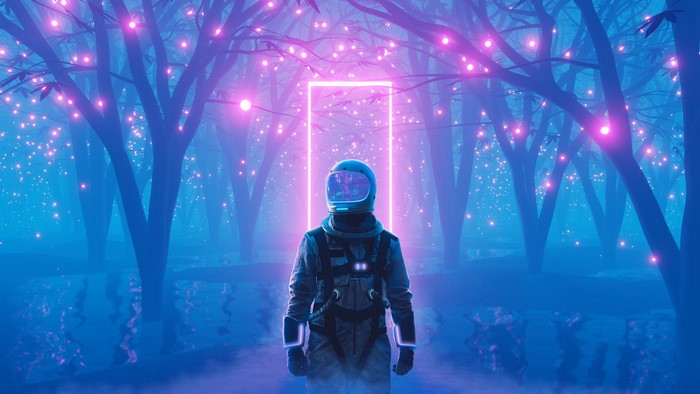 Astronaut Illuminated by Neon Glow in Enchanted Forest