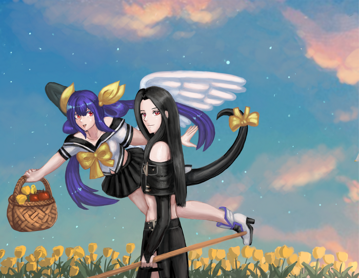 flowers, couple, sunset, Fighting Games, anime girl with wings, Guilty Gear, Dizzy (Guilty Gear), Testament (guilty gear), anime games, anime boys