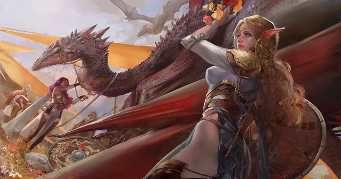 dragon, artwork, ArtStation, long hair, fantasy girl, two women, Amber Ye, fantasy art, creature, pointy ears