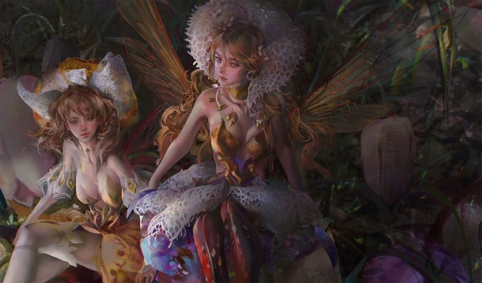 women, fantasy girl, fantasy art, Amber Ye, two women, artwork