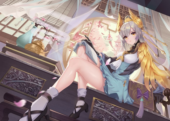 4K, anime girls, short socks, sitting, socks, dress, green socks