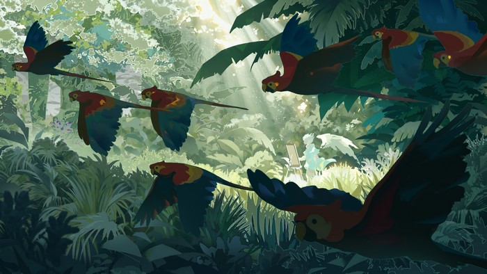 anime boys, dress, fantasy girl, canvas, blonde, forest, anime, short hair, angel wings, parrot, birds, plants