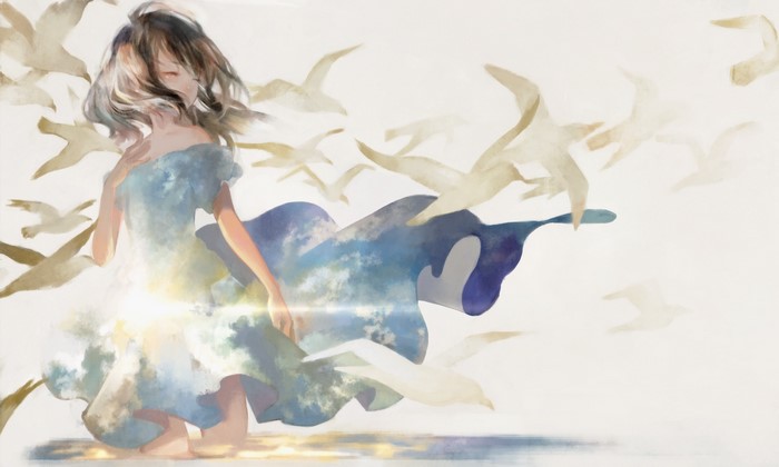 seagulls, Satomatoma, anime girls, white background, closed eyes, birds, anime, brunette, clouds, sky, dress