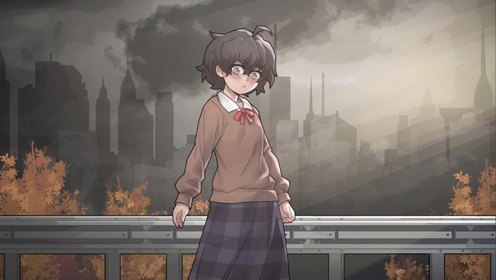 city, Blind Girl, leonzo030, sweater, plaid skirt, city scape, trees, smog, traffic barrier, animated character