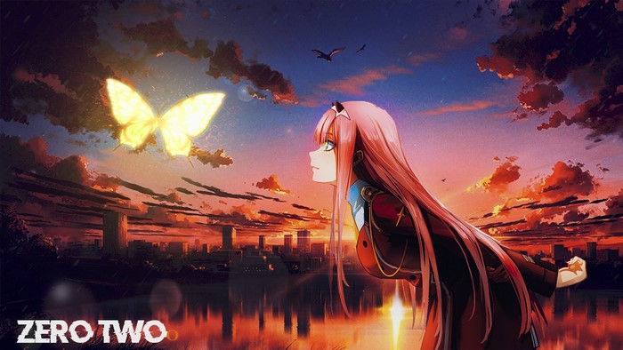 Zero Two (Darling in the FranXX), long hair, Darling in the FranXX, Sun, clouds, face, anime girls, profile, anime, sky, butterfly, redhead, cityscape, picture-in-picture