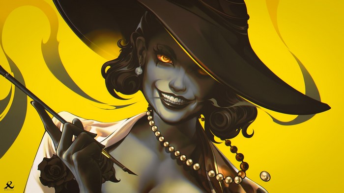 cigarettes, illustration, teeth, video game girls, Resident Evil 8: Village, hat, artwork, smoke, Resident Evil, fan art, yellow background, digital art, dark hair, women, lady dimitrescu, beads, smiling, yellow, yellow eyes, smoking, video game characters