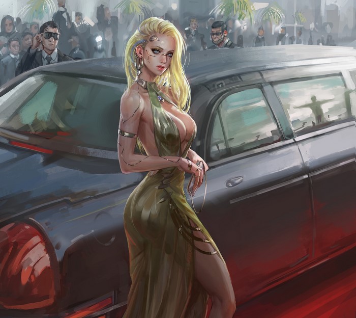 In Shoo, futuristic, long hair, dress, artwork, cyberpunk, science fiction women, science fiction, concept art, car, vehicle, women with cars, women, blonde