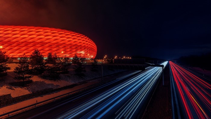 stadium, Munich, road, Bayern Munchen, Germany, long exposure, night, highway, motion blur, Allianz Arena