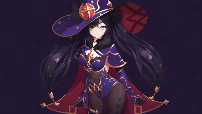 4K, Genshin Impact, twintails, green eyes, Mona (Genshin Impact), witch hat, anime girls, purple background
