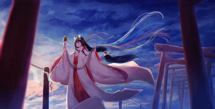 4K, traditional clothing, Japanese clothes, miko, windy, long hair, torii, anime girls, dark hair