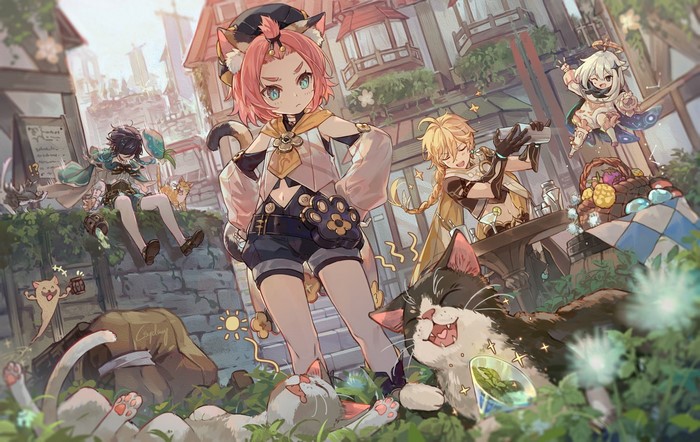 Genshin Impact Characters in Liyue Town Scene