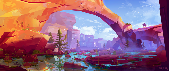 4K, forest, digital art, digital, nature, rock formation, mountains, trees, artwork, Quentin Marsollier, rock