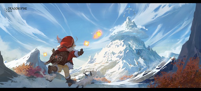 4K, Genshin Impact, fantasy art, 2021 (Year), mountains, Genshin, anime, snowy peak, Klee (Genshin Impact)