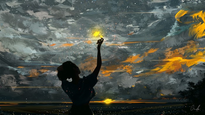 artwork, drawing, Gmdk, women outdoors, digital art, standing, arms up, ArtStation, clouds, women, silhouette, sky