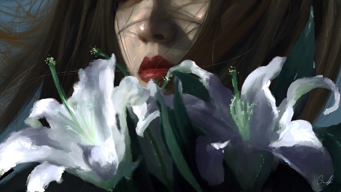 plants, ArtStation, artwork, flowers, red lipstick, drawing, digital art, women, Gmdk, lipstick