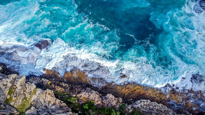 coast, aerial view, waves, water, rocks