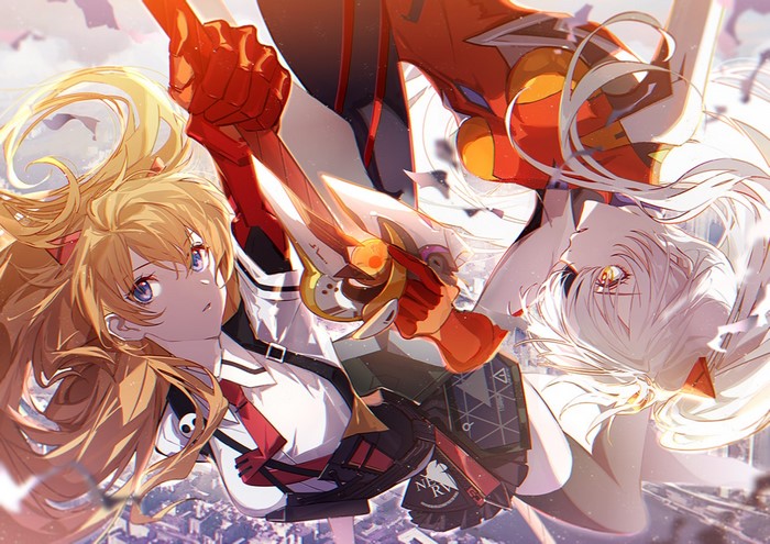 Kiana Kaslana, Honkai Impact 3rd, blonde, Neon Genesis Evangelion, Sua, white hair, tie, two women, anime, blue eyes, yellow eyes, anime girls, Asuka Langley Soryu, long hair, Pixiv, looking at viewer