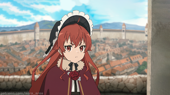 4K, Mushoku Tensei, redhead, Eris Boreas Greyrat (Mushoku Tensei), fantasy city, anime city, anime girls