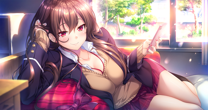 smiling, brunette, Gintarou, school uniform, artwork, lying on side, red eyes, anime girls, anime