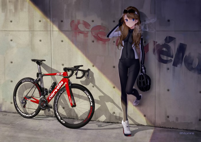 4K, anime girls, bicycle, bodysuit